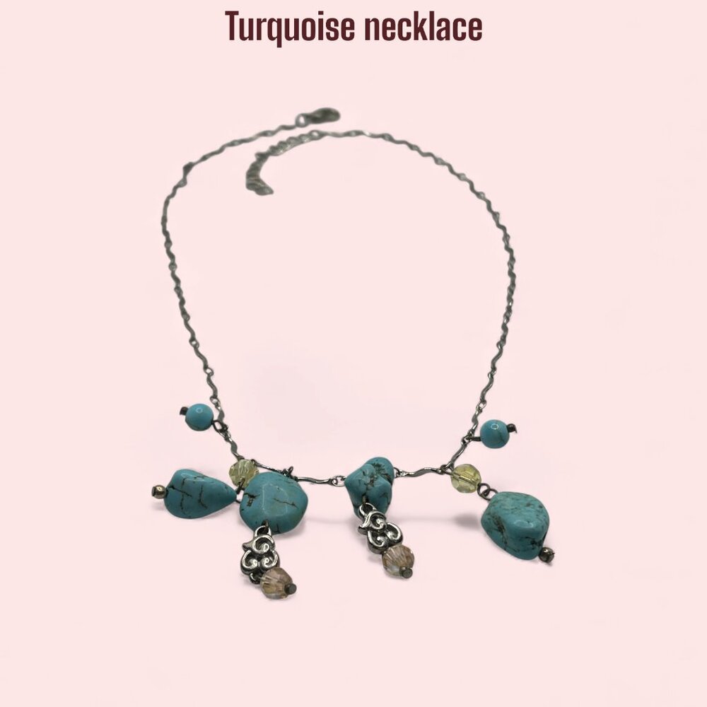 Vintage Style Turquoise Necklace 16” Crystal Accent Beads